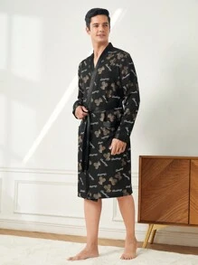 Men'S Cartoon Printing Belted Robe With Front Pocket - Black - View 3