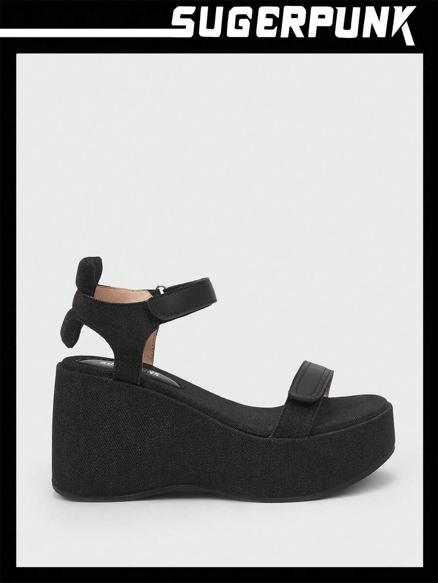 Y2K Women's Platform Wedge Sandals Sugerpunk Shoes - Black - View 1