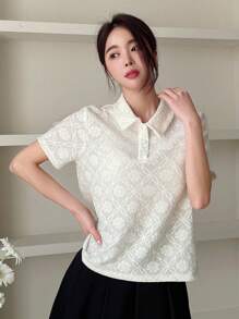 Dazy Designer Solid Color Textured Polo Collar T-Shirt,Business Casual Women