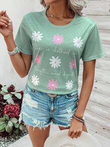 EMERY ROSE 女款花卉與標語印花短袖t恤 - 綠色 - 查看 2