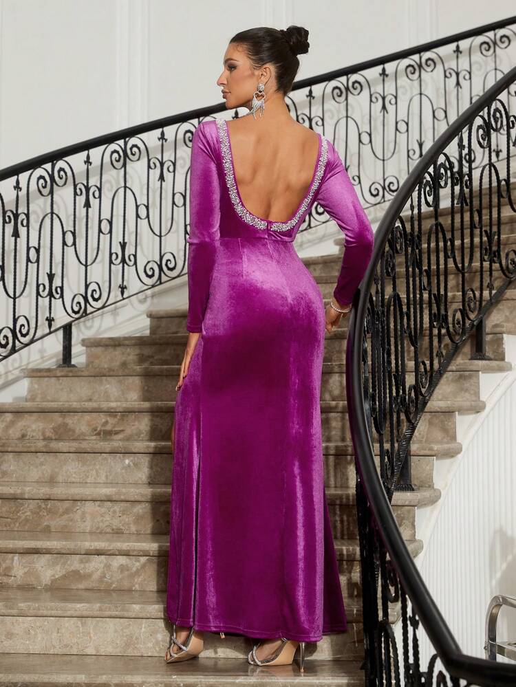 Women's Velvet Pearl Stud Detail Open Back Dress