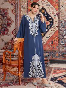 Al Najma Women's Patchwork Embroidery Dress With Notched Collar Kaftan Jalabiya Dress - Blue - View 6