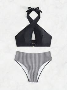 SHEIN Swim Solid Halter Top And Striped Bottom Swimwear Set Summer - Black and White - View 5
