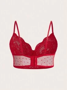 Plus Size Wireless Lace Splicing Polka Dot Mesh Bralette Lingerie - Red - View 2