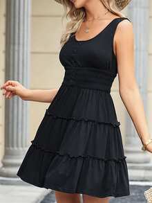Acelitt Casual Style High Waist Solid Color Sleeveless Ruffle Hem Dress - Black - View 5