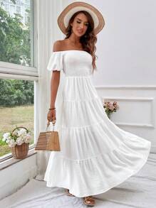 SHEIN VCAY 女式露肩度假連身裙 - 白色 - 查看 4