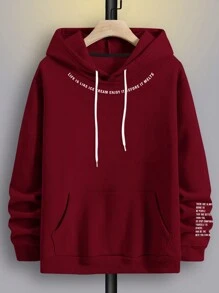 Manfinity Homme Loose Fit Men's Slogan Printed Drawstring Hooded Fleece Sweatshirt - Burgundy - View 4