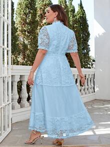 Simplee Women'S Plus Size Polka Dot Mesh & Lace Stitching Dress