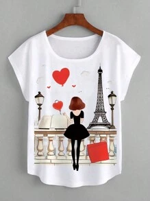 INAWLY 大码卡通女孩心形印花女式 T 恤，夏季浪漫情人节 - 白色 - 查看 1