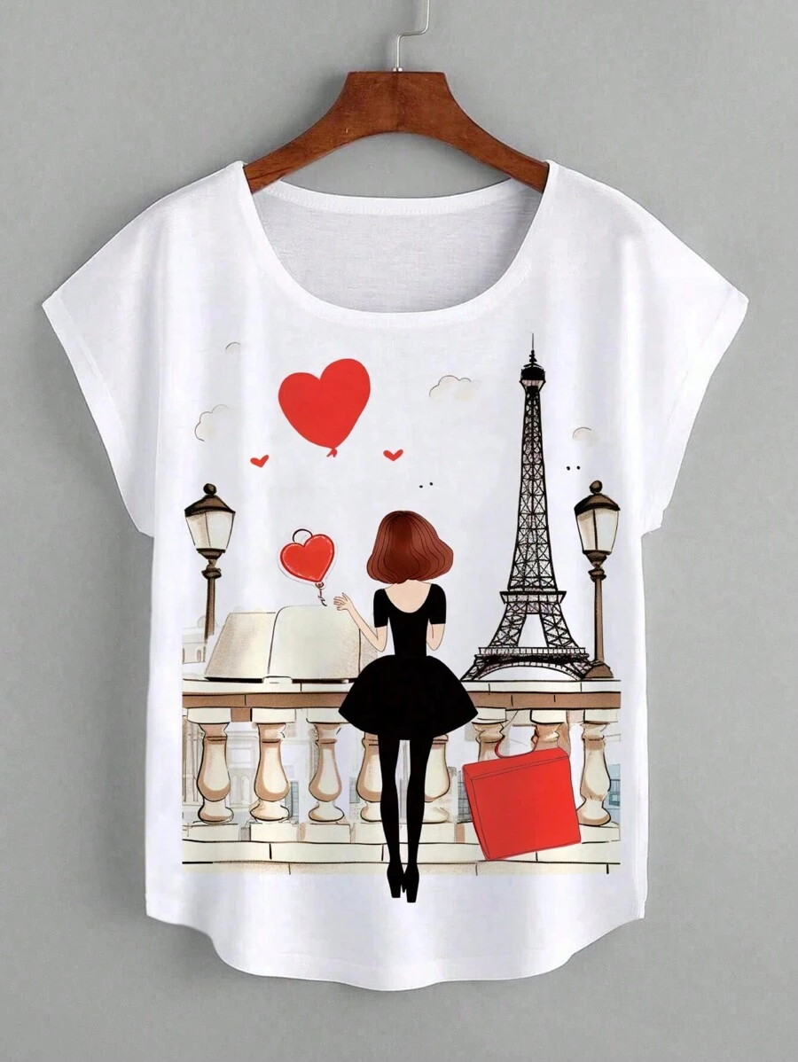 INAWLY 大码卡通女孩心形印花女式 T 恤，夏季浪漫情人节 - 白色 - 查看 1