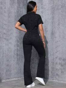 SHEIN EZwear Women's Denim Jumpsuit With Button Fly And Flared Legs - Black - View 3