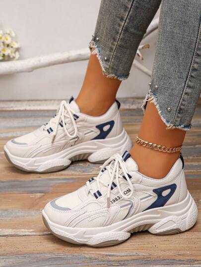 2025 年秋季女士“厚底运动鞋”可让您看起来更苗条。2024 年新款软皮革和网眼设计、多功能、运动型运动鞋。