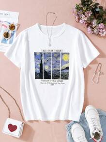 少女油畫印花短袖t恤 - 白色 - 查看 1