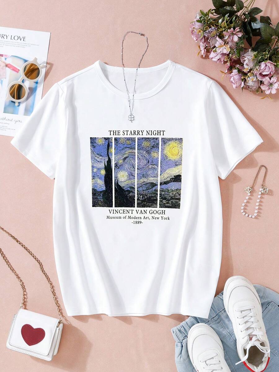 少女油畫印花短袖t恤 - 白色 - 查看 1