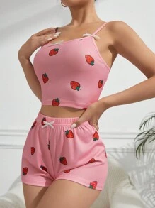 Conjunto De Pijama Con Estampado De Fresas Y Lazo Decorativo Para Mujer - Multicolor - Ver 4