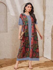 Al Najma 拼布印花寬鬆圓領休閒洋裝 - 灰色 - 查看 1