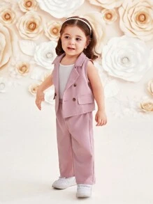 SHEIN Baby Girl Casual Solid Color Suit Collar Sleeveless Vest And Long Pants With Suspender Vest 3pcs Set