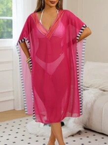 SHEIN Swim Women Cover Ups Sheer Plain - Hot Pink - View 6