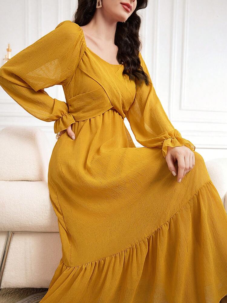 Ladies' Cross Front Design Ruffle Sleeves Dress