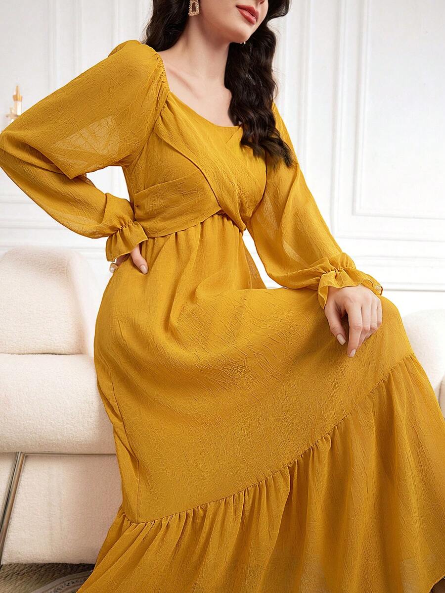 Seusyu Ladies' Cross Front Design Ruffle Sleeves Dress - Yellow - View 1