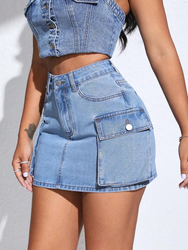 SHEIN SXY High-waisted Denim Skirt With Flap Pockets - Medium Wash - View 4