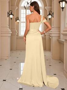 One Shoulder Floor-Length Satin Formal Dress - Apricot - View 3