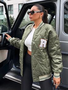 EURMUSE Thư được vá Sọc trang trí Thả vai Áo khoác Quilted - màu xanh lá - Xem 3