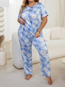 Plus Size Women Blue Allover Floral Print Round Neck Top & Pants Pajama Set, Outfits - Multicolor - View 5