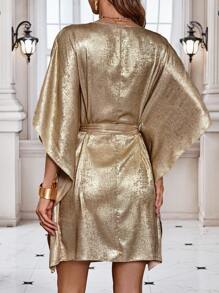 SHEIN Clasi 純色高光澤蝙蝠袖連衣裙 - 金色 - 查看 2