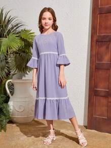 Vestido Holgado De Cuello Redondo Bordado Para Chica Adolescente De Vacaciones Casuales