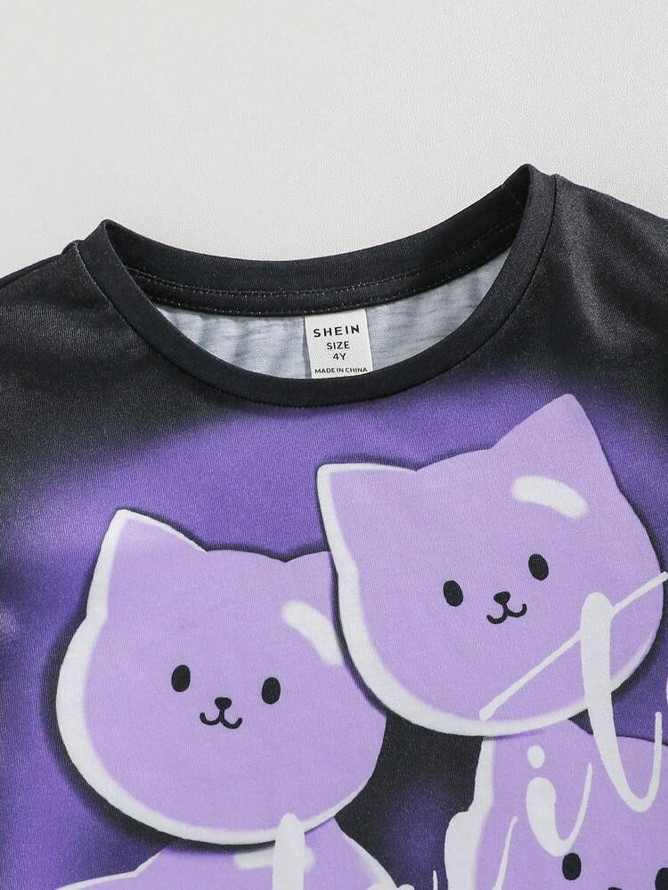 4pcs Kids' Cute Cartoon Cat Animal Print Loose Fit Drop Shoulder Round Neck Short Sleeve T-Shirt And Shorts Set, Spring/Summer