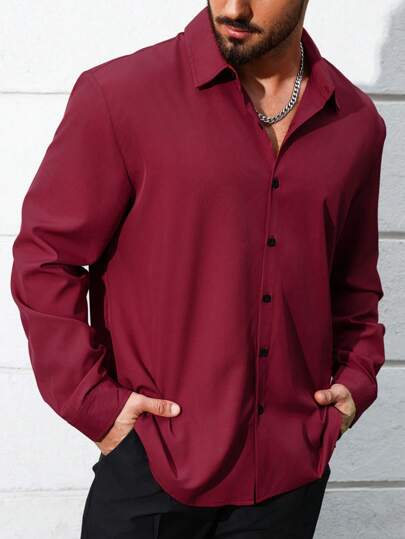 Manfinity Homme Men's Plus Size Solid Color Long Sleeve Shirt, Button Up Plain Dark Red Going Out Shirt, Fall