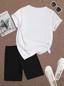 SHEIN 女性心形印花上衣和短褲套裝 - 黑與白 - 查看 2