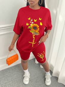 Slaydiva Conjunto De Camiseta Y Pantalones Cortos Con Cuello Redondo Y Estampado De Girasoles Y Mariposas Para Mujer - Rojo - Ver 5