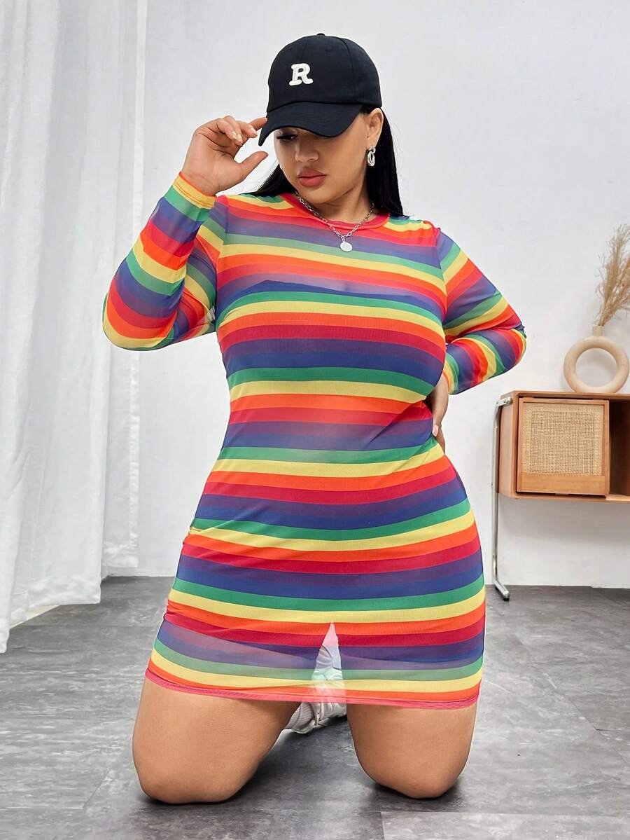 SHEIN CURVE+ Plus Size Rainbow Striped Semi-Sheer Dress - Multicolor - View 1