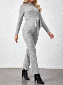 SHEIN Solid Color Maternity Jumpsuit With Belt - Grey - View 5
