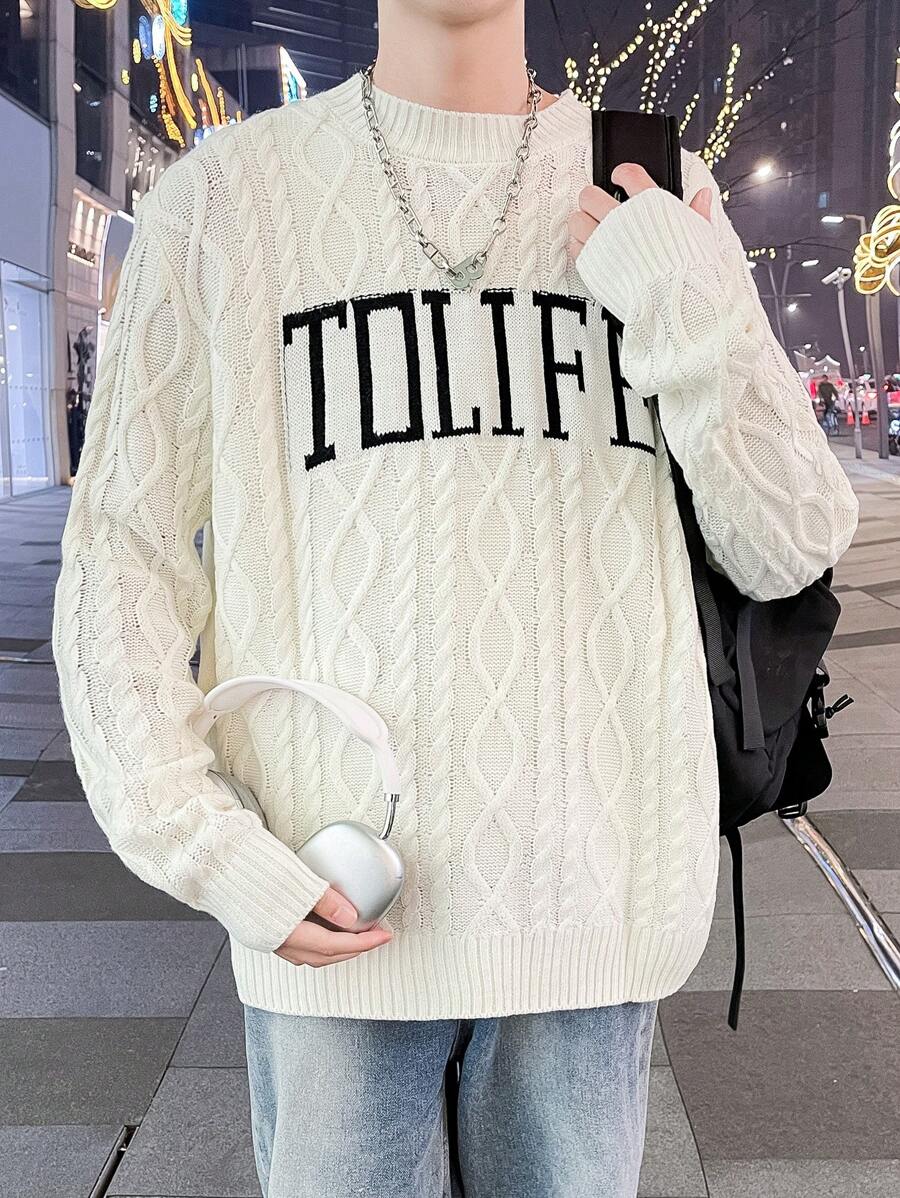 Claim Dot 男士字母刺繡圓領毛衣 - 白色 - 查看 1