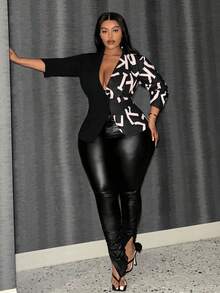 Slaydiva Plus Size Alphabet Printed Long Sleeve Jacket - Black - View 6