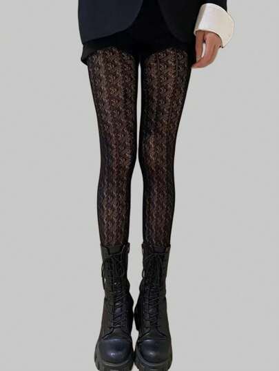 Goth 1pair Women's Black Hollow Out Fishnet Stockings, All Seasons