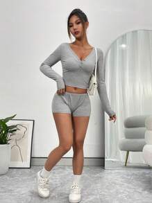 INAWLY Women's Slim Fit T-Shirt And Shorts Henry Set Fall Cloth For Women - Khaki - View 4