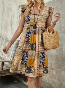 EMERY ROSE 度假休闲拼布印花飘逸盖袖连衣裙 - 彩色 - 查看 6