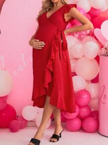 SHEIN Pregnant Women's Textured Cap Sleeves Wrap Collar Dress For Maternity - Red - View 1