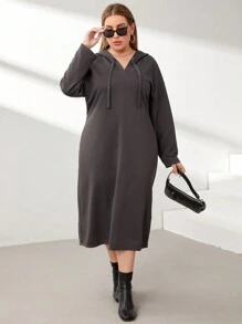 SHEIN Essnce Plus Size Hooded Drawstring Side Split Dress - Grey - View 3