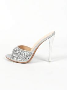 Talons Hauts Pour Femmes Sandales À Talons Ronds Transparents Avec Strass Brillant Pour Fêtes Ou Rassemblements - Argent - Voir 4