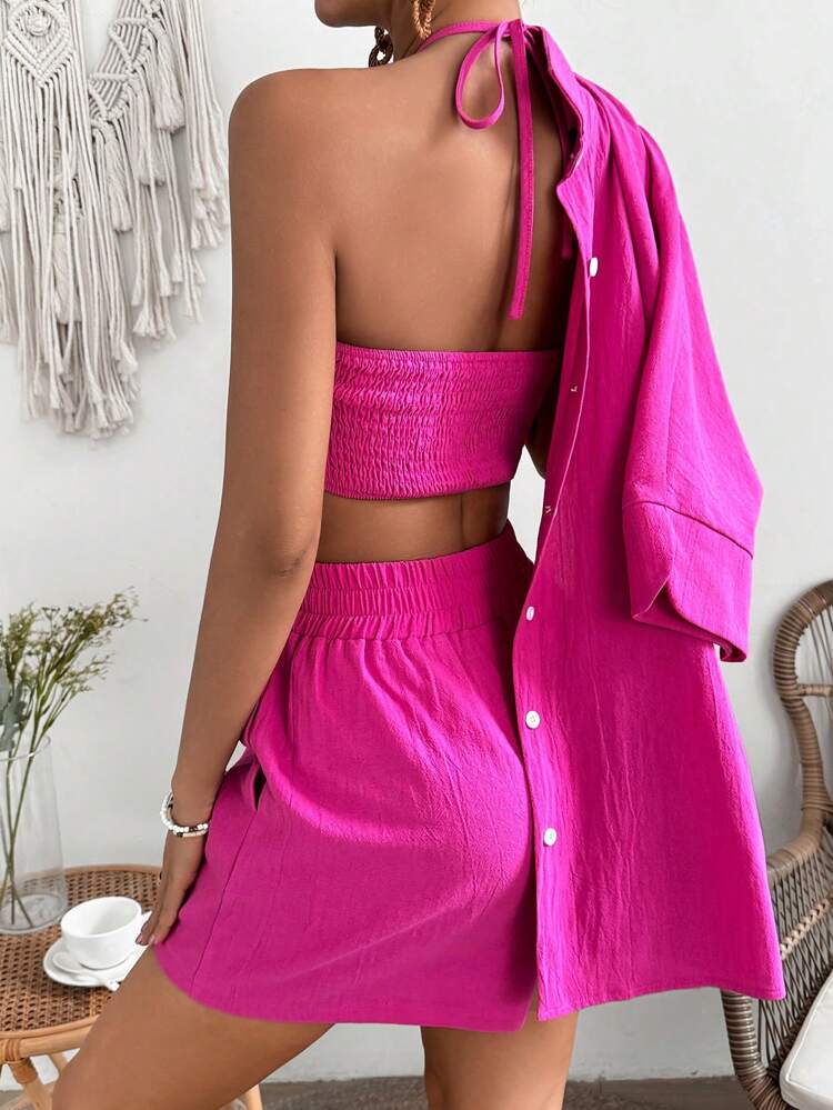 Women'S Solid Color Button Down Cardigan Set