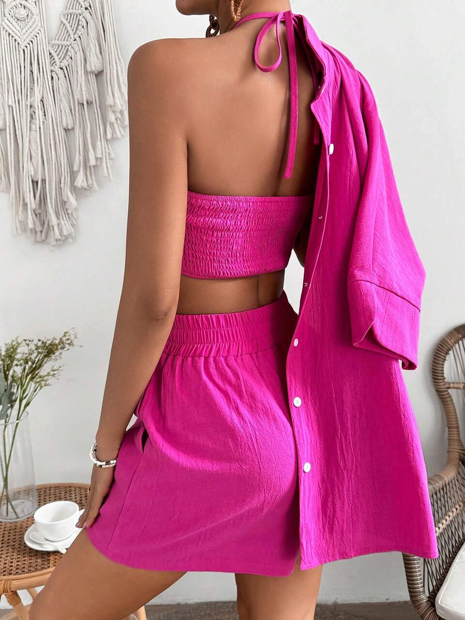 Women'S Solid Color Button Down Cardigan Set