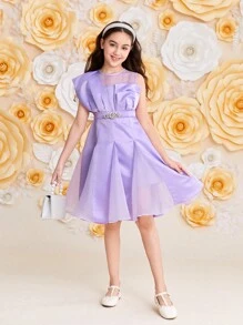 SHEIN Vestido sin mangas estilo vintage con cuello redondo y decoración de pedrería para niñas preadolescentes - Morado - Ver 2