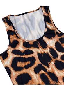 Women'S Stylish Leopard Print Dress With Deep U-Neckline And Sleeveless Design - Black - View 3