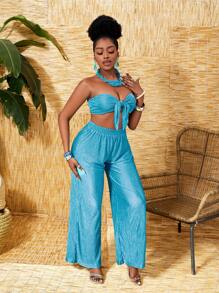 Slaydiva Damen-set Aus Modischem, Einfarbigem, Strukturiertem Material, Trägerlosem Oberteil Und Hose - Blau - Übersicht 4