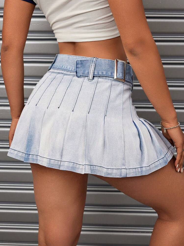 Pleated Denim Mini Skirt